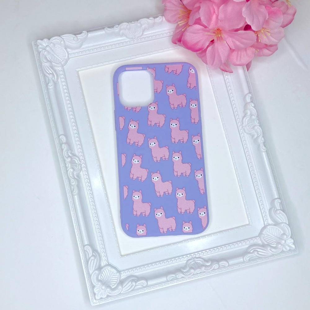 Fluffy Pink Alpaca on Lavender 
Silicone iPhone Case 12 / 12 Pro or 13